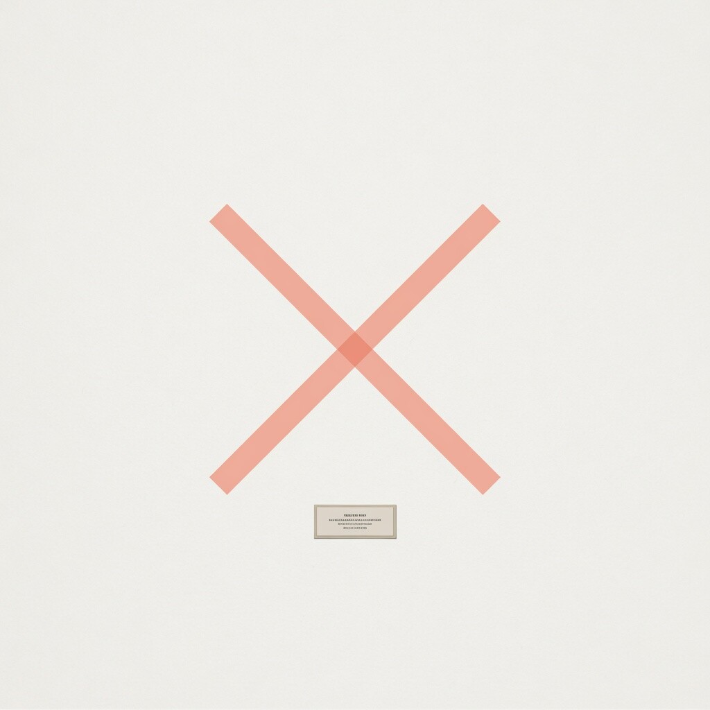 The Preejaculation X mark: a blush X above a tiny brass museum label on off-white linen.